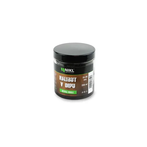 Nikl Black halibut pelety v dipu Devill Krill 15+20mm, 250ml
